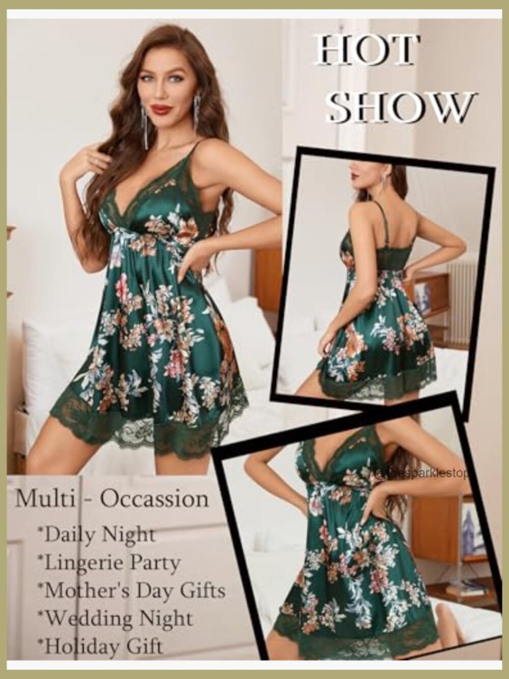 Satin Chemise Nightgown with Lace Trim V-Neck Sleepwear Slip - Picture 2 of 7